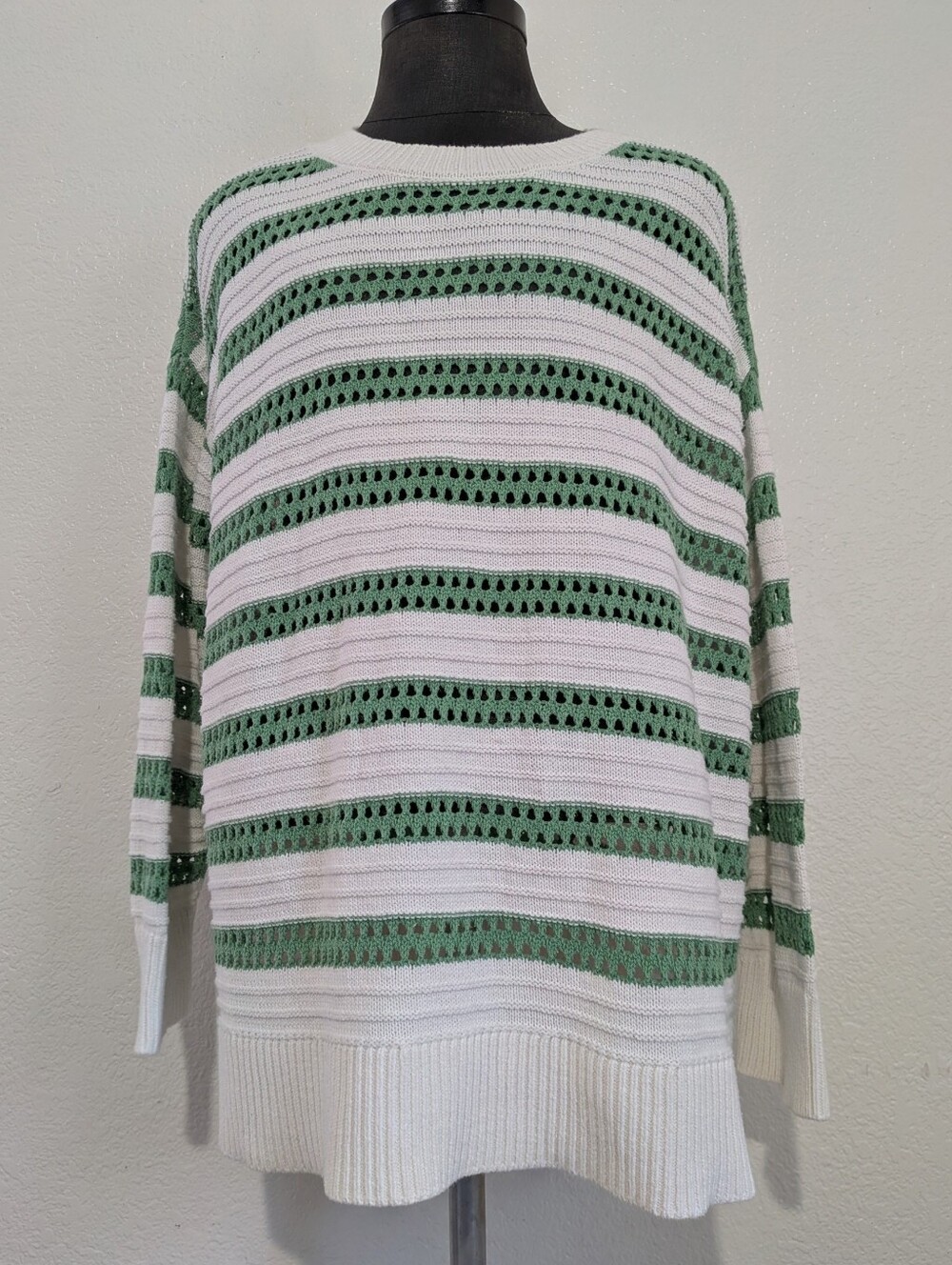 Ava & Viv Striped Green & White Open-Knit Plus Size 3X Women’s Sweater